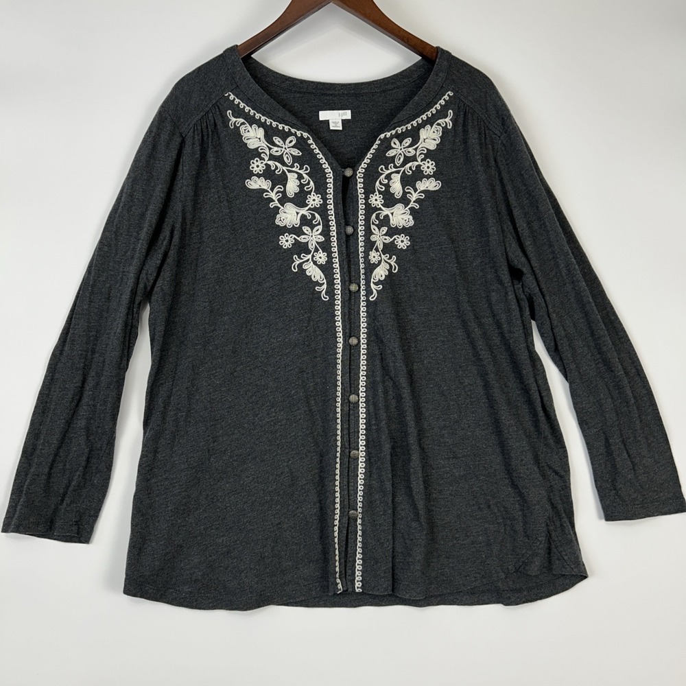 J Jill Womens Embroidered Top Size 2X Gray Button‎ Up Modal Stretchy Basic